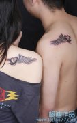 武汉专业纹身店:肩部情侣爱心翅膀纹身图案作品