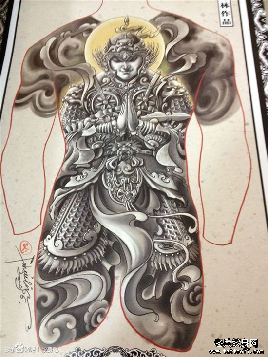 超酷经典的一款满背韦陀菩萨纹身手稿