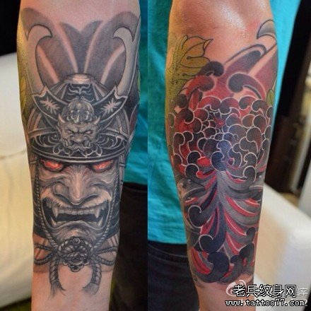 手臂日本武士菊花纹身图案