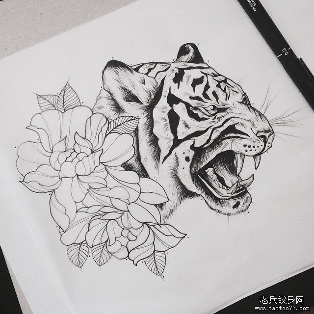 老虎牡丹纹身图案