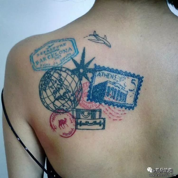 肩胛水彩邮票纹身图案