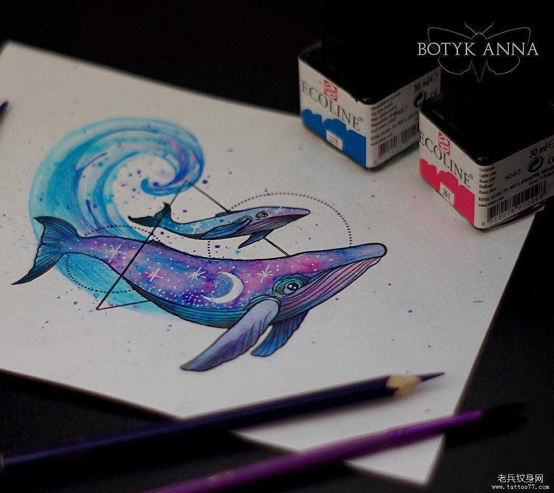 鲸鱼色彩星空简约手稿纹身图案