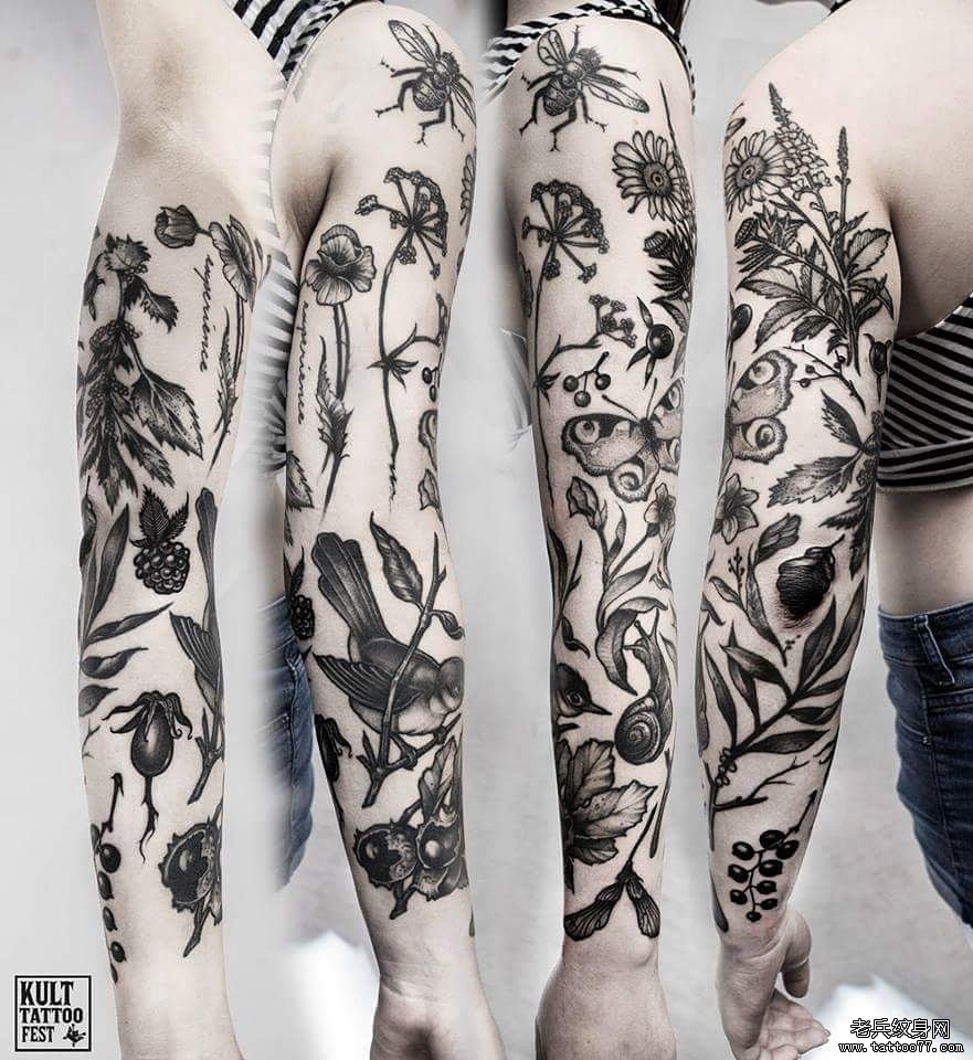 黑灰花卉花臂纹身图案
