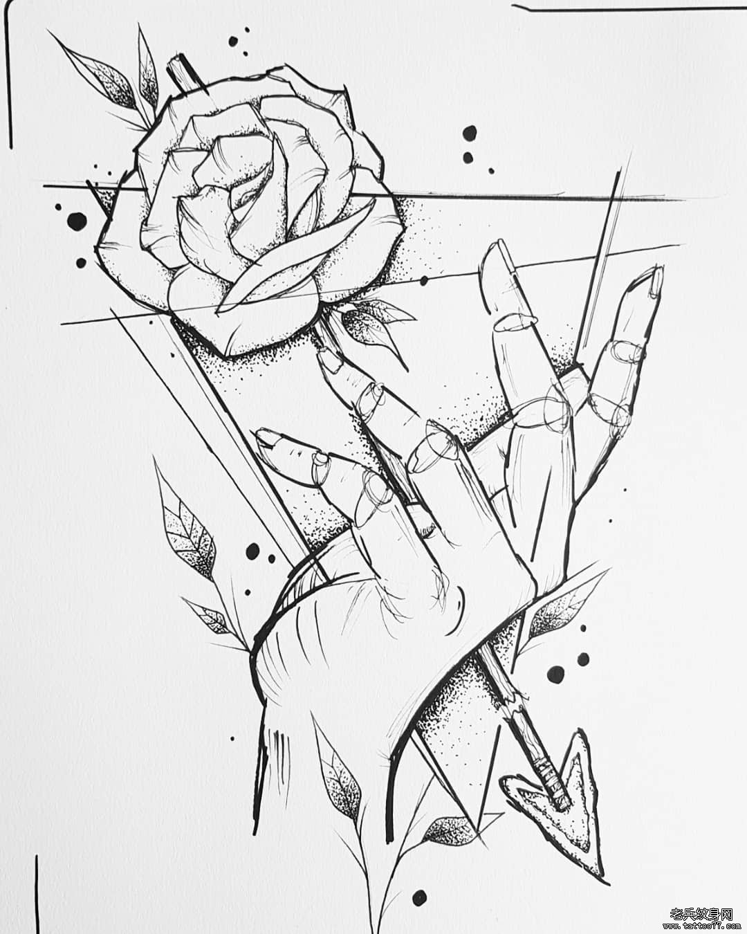 线条手玫瑰花纹身手稿
