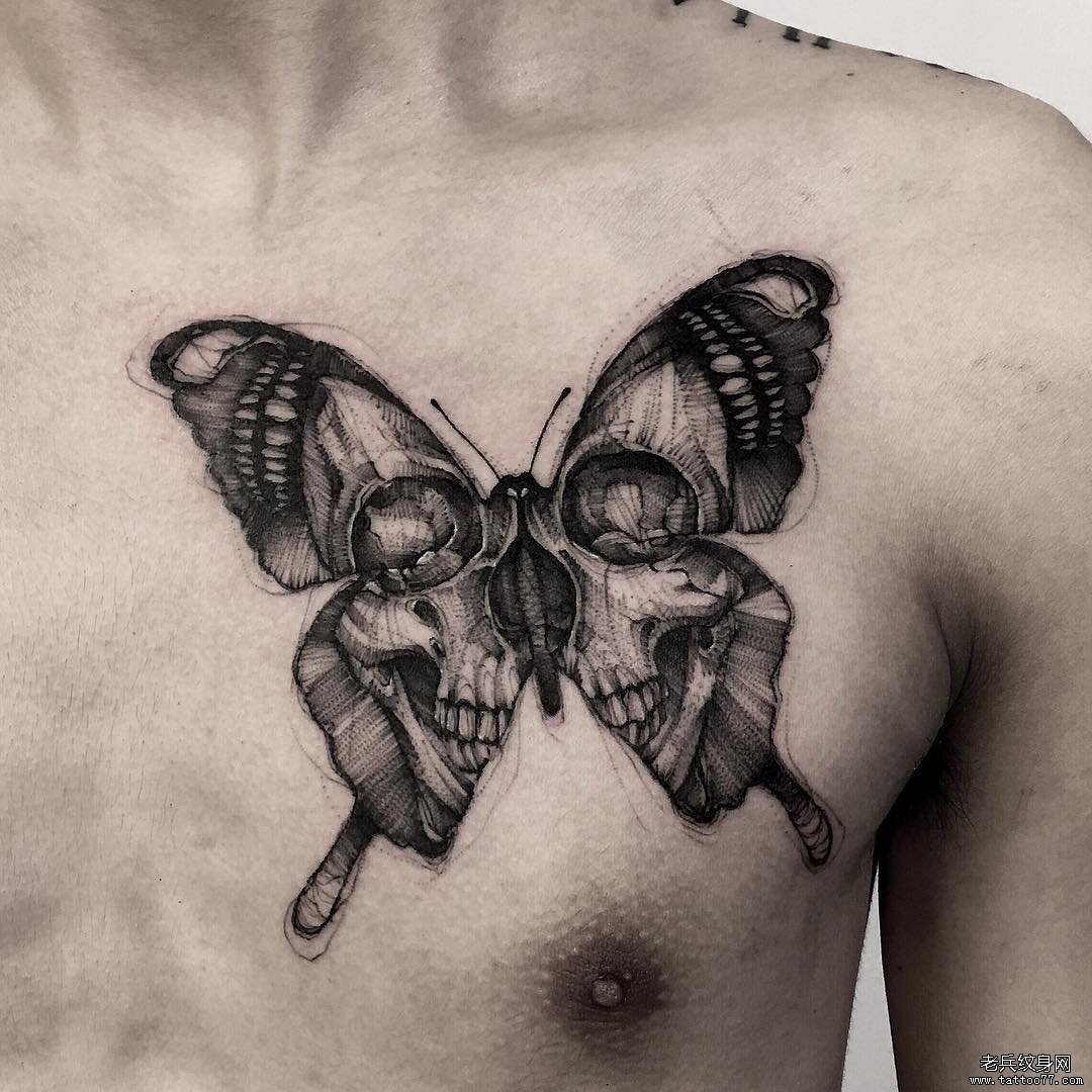 黑灰骷髅蝴蝶纹身图案