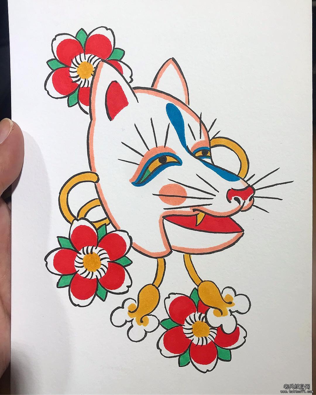 日式彩色狐狸面具纹身图案