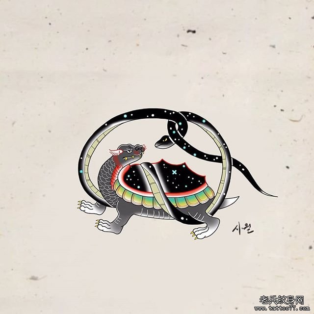 日系彩色乌龟蛇纹身图案