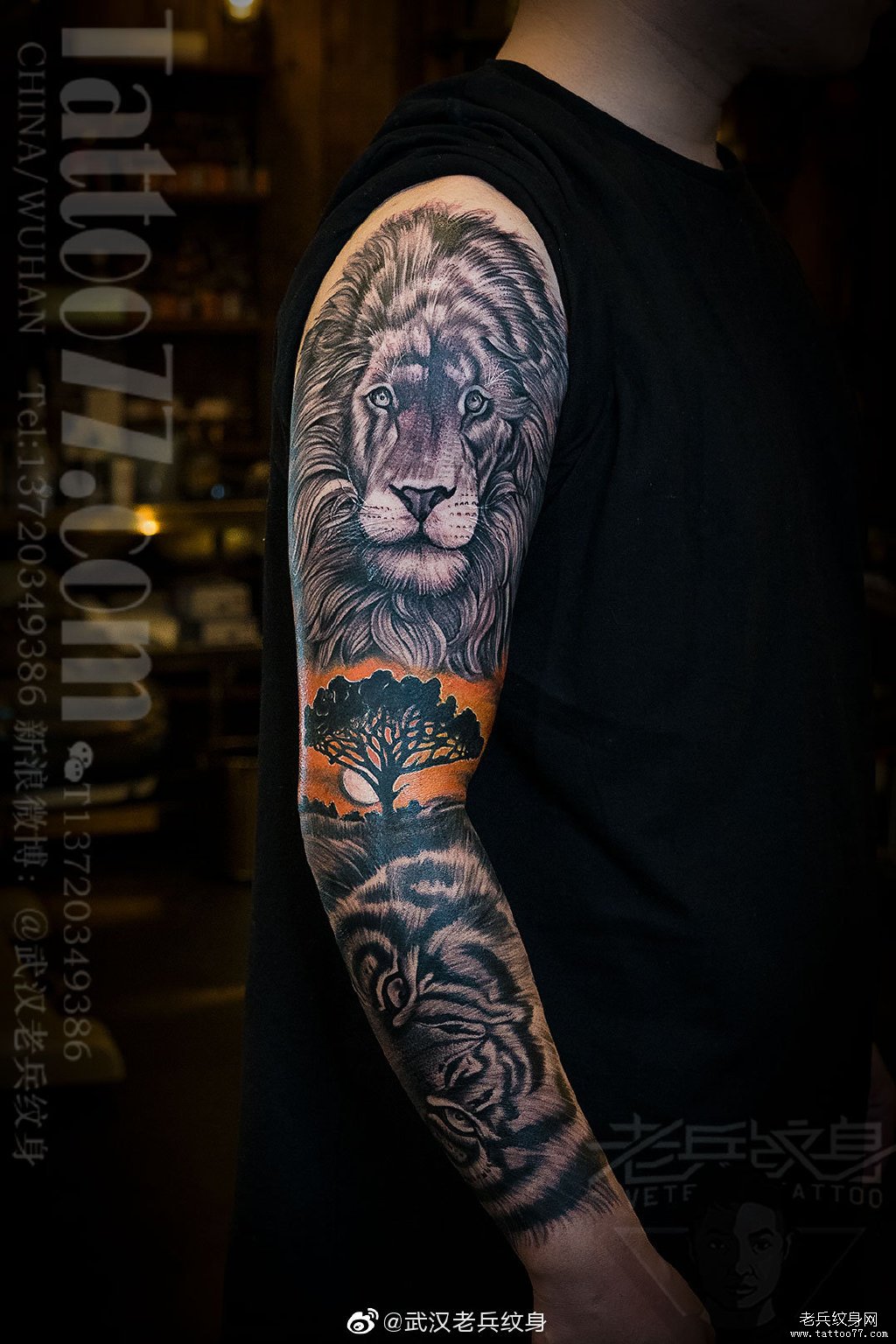 手臂写实老虎狮子纹身作品（一）