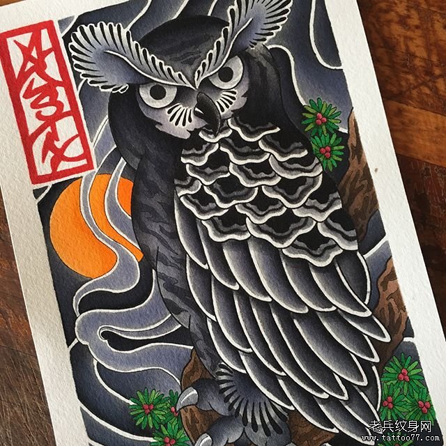 日式猫头鹰纹身图案