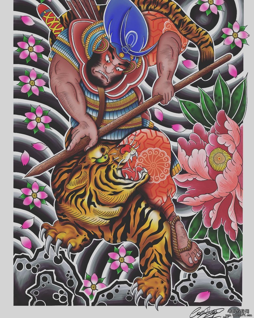 传统彩色武松打虎纹身图案