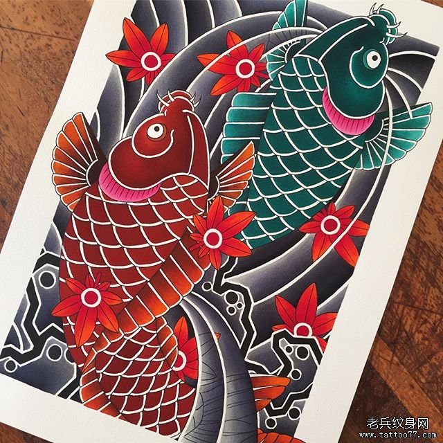 传统浪花鲤鱼纹身图案