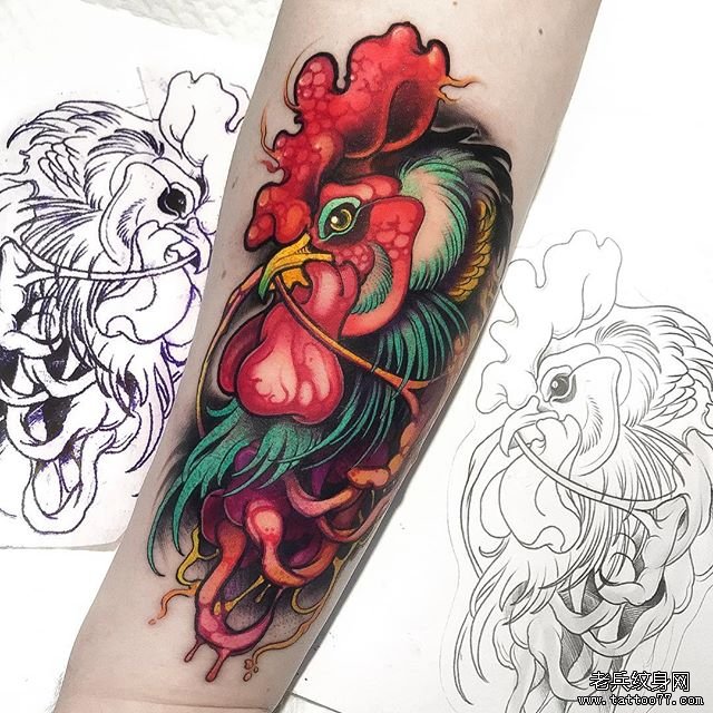 彩色school公鸡纹身图案