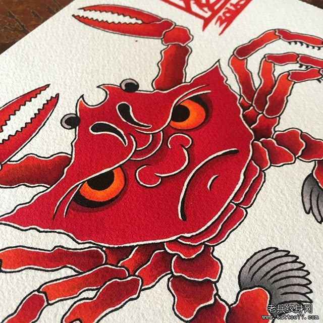 日式彩色螃蟹纹身图案
