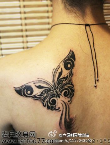 女孩子肩背好看的图腾蝴蝶纹身图案