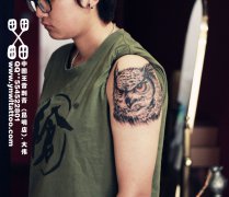 男人大臂一款唯美时尚的猫头鹰纹身图案