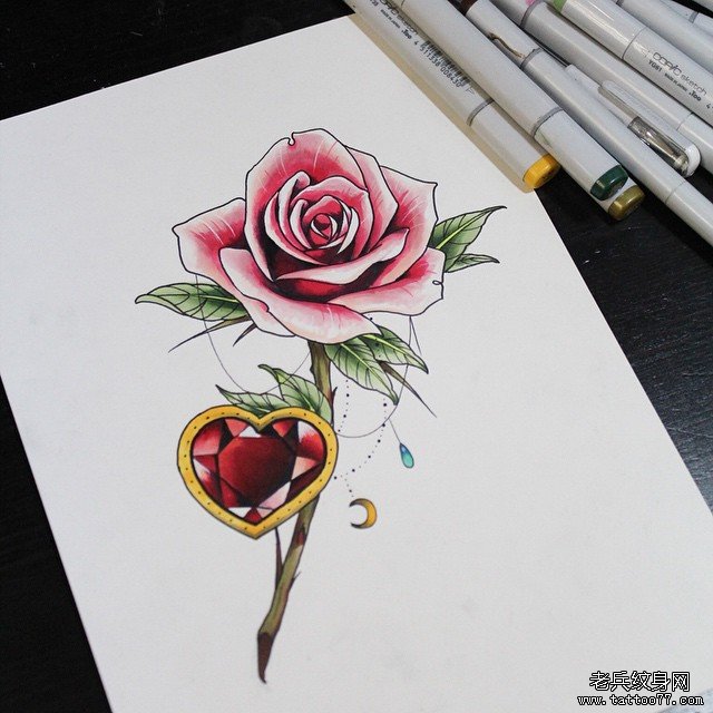 玫瑰爱心手稿纹身
