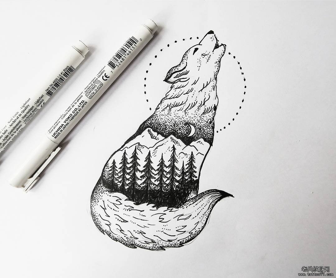 黑灰狐狸纹身手稿