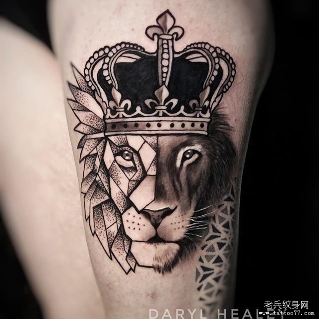 几何狮子皇冠纹身图案