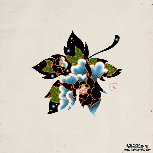 日式枫叶牡丹花纹身图案
