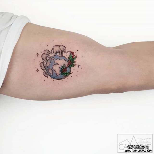 手臂彩色地球小象纹身图案
