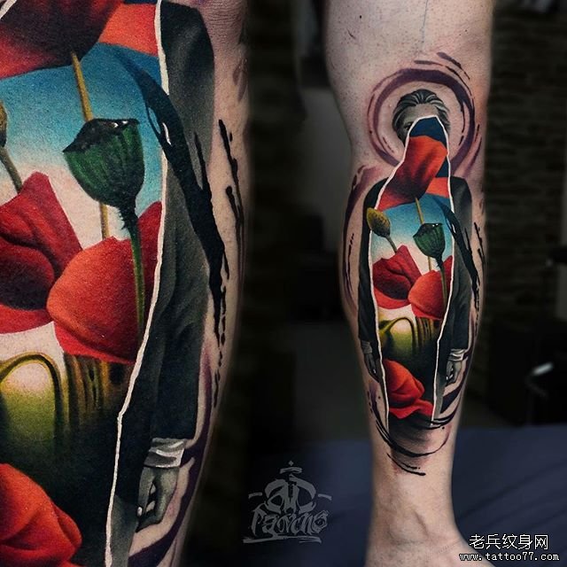 手臂彩色男人花卉纹身图案