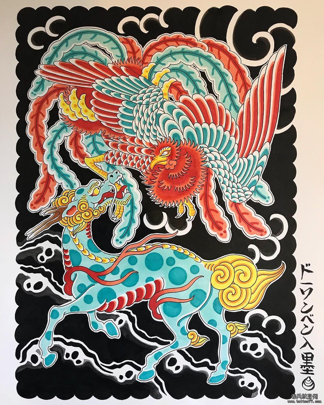 日式传统彩色凤凰纹身图案