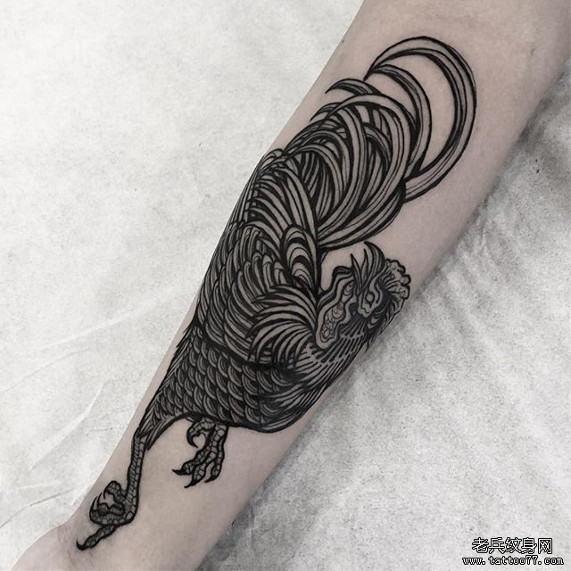 手臂黑灰公鸡纹身图案